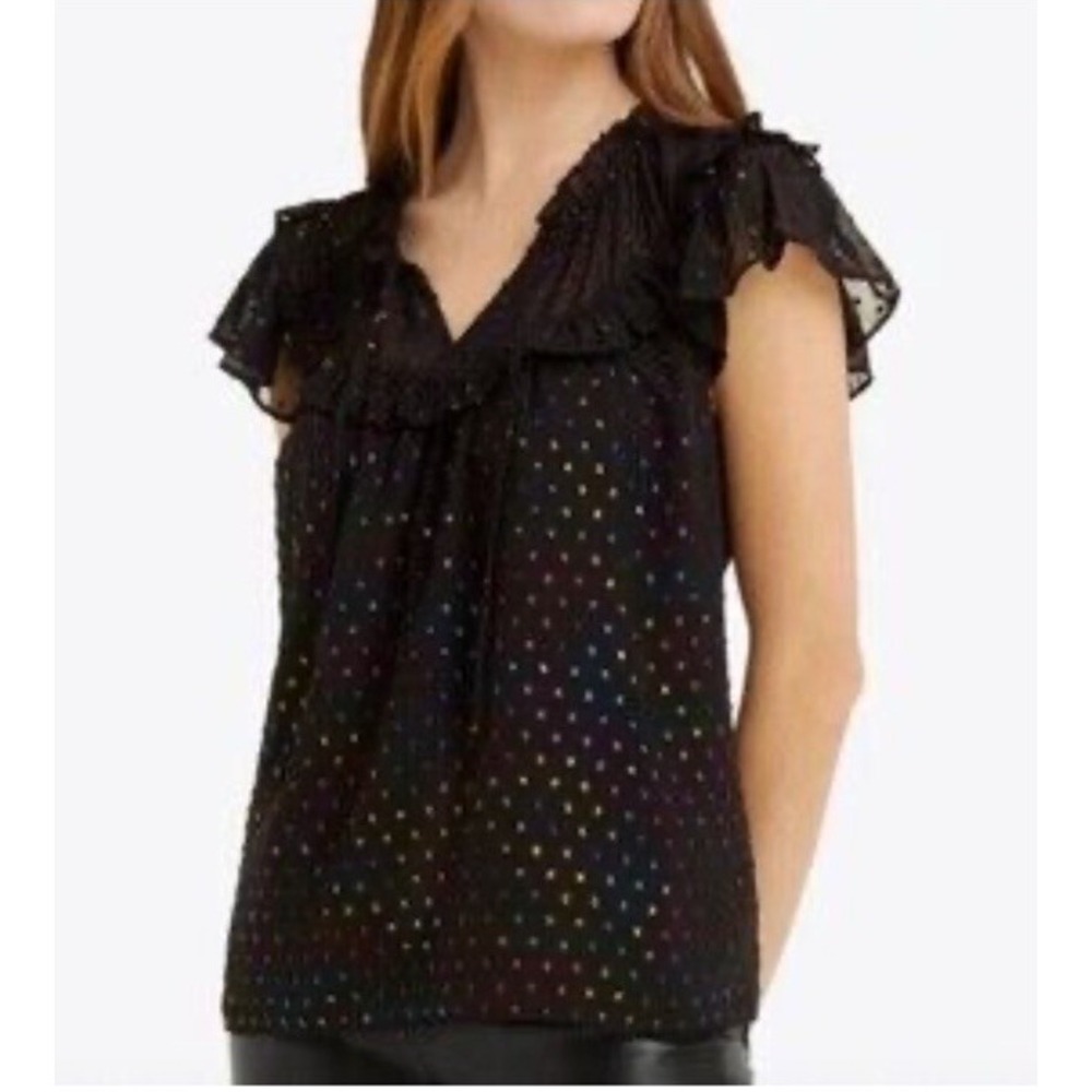 Draper James Blouse Sz L Rainbow Shimmer Black Clip Dot Flutter Sleeve Top‎